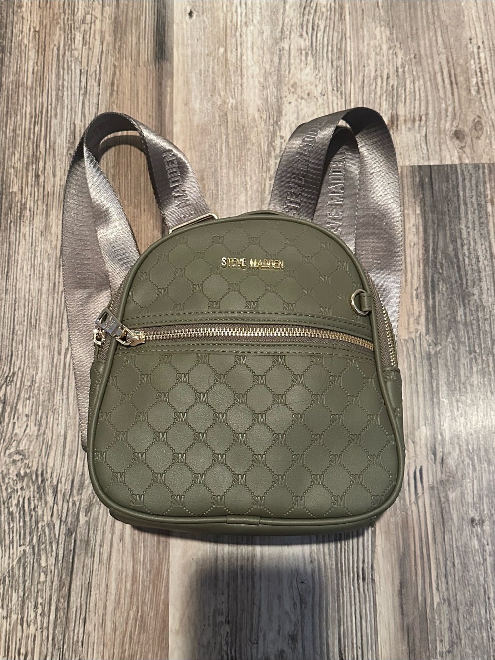 Steve Madden Olive Mini Quilted Backpack with Metallic Straps